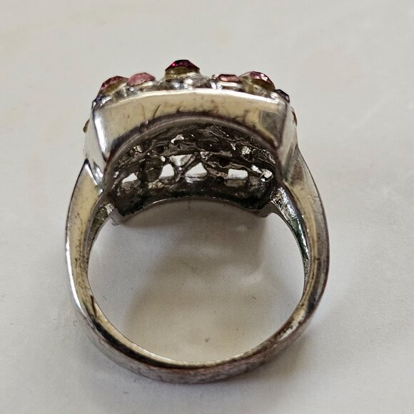 Vintage Silver-Tone Fashion Ring With Pink & Purple Rhinestones Square Cluster D - Picture 3 of 6